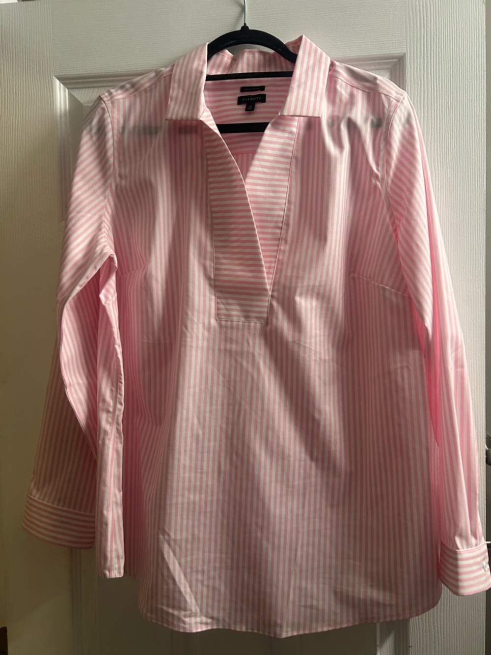 Talbots Pink Vertical Stripe V-Neck Popover Blouse